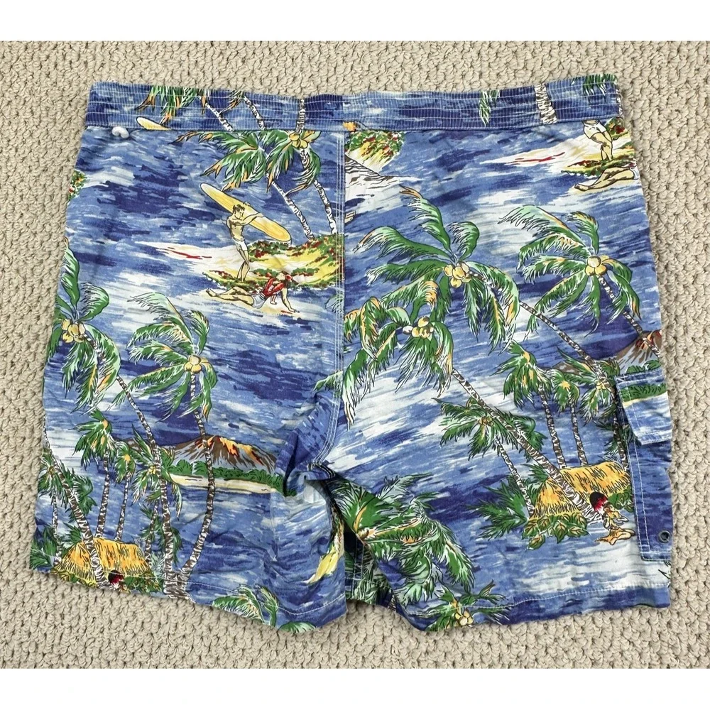 Vtg Polo Ralph Lauren Board Shorts Mens L Blue Swim Trunks Tie Front Palm Tree